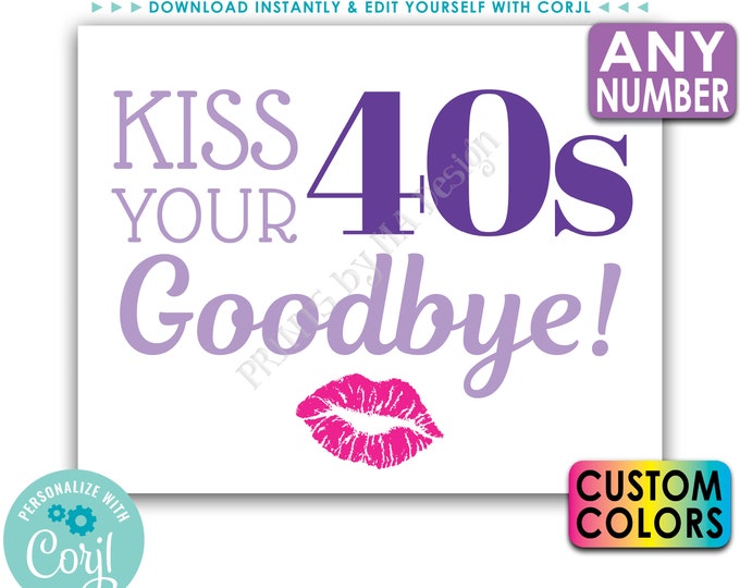 Funny Birthday Sign, Kiss Your ___s Goodbye, Custom Number & Colors, PRINTABLE 8x10/16x20” Bday Party Sign <Edit Yourself with Corjl>