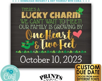 St Patrick's Day Pregnancy Announcement, Our family is growing by 1 Heart & 2 Feet, PRINTABLE 8x10/16x20” Sign <Edit Yourself with Corjl>