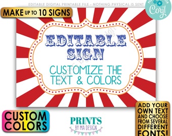 Editable Carnival Signs, Custom Circus Theme, Birthday Party, Festival, Up to 10 PRINTABLE 5x7” Landscape Signs <Edit Yourself w/Corjl>