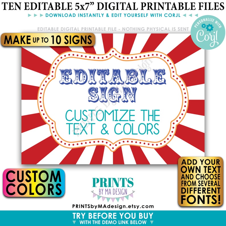May include: Ten printable 5x7 inch editable signs with a red and white striped background. The signs feature a blue and white editable sign with the text "Editable Sign" and "Customize the Text & Colors". The text "Custom Colors" and "Prints by Ma Design" are also visible.