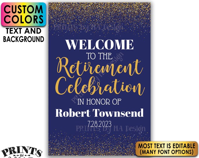 Retirement Party Sign, Welcome to the Retirement Celebration, Gold Glitter, Custom PRINTABLE 24x36” Sign <Edit Yourself with Corjl>