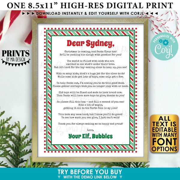 Christmas Elf Donation Request Letter asking Kids to Donate Toys, One Custom Editable PRINTABLE 8.5x11" Digital File <Edit Yourself w/Corjl>