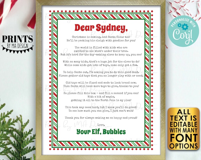 Christmas Elf Donation Request Letter asking Kids to Donate Toys, One Custom Editable PRINTABLE 8.5x11" Digital File <Edit Yourself w/Corjl>