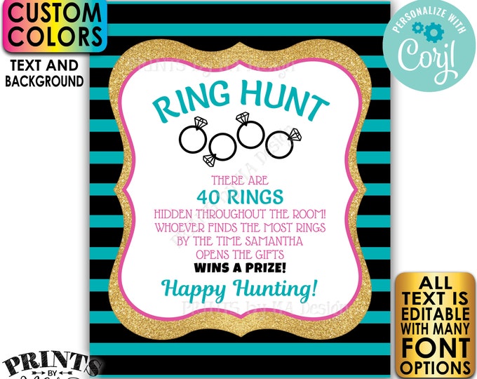 Bridal Shower Ring Hunt Game Sign, Wedding Shower Scavenger Hunt, Gold Glitter, Custom PRINTABLE 8x10/16x20” Sign <Edit Yourself with Corjl>