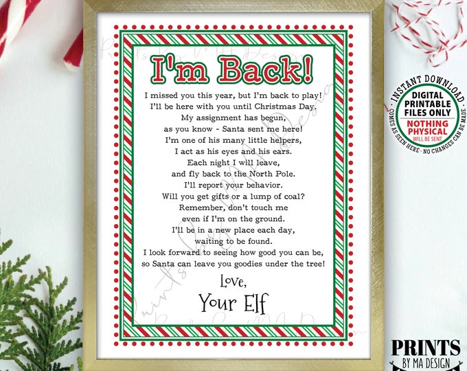 Welcome Back Letter to Kids from their Christmas Elf, Santa's Elf Hello Letter, I'm Back, Elf has Returned, PRINTABLE 8.5x11” Elf Sign <ID>