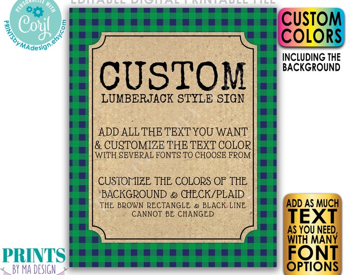 Custom Lumberjack Sign, Choose Your Text, Custom Color Buffalo Plaid, One PRINTABLE 8x10/16x20” Portrait Sign <Edit Yourself with Corjl>