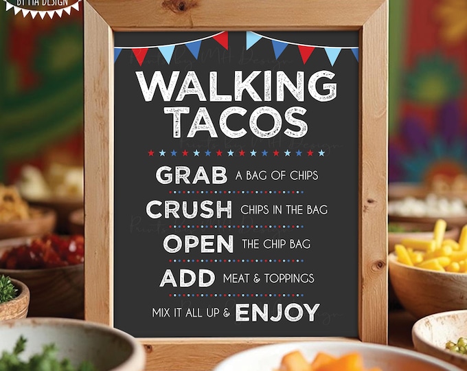 Patriotic Walking Tacos Sign, 4th of July Party, Mexican Fiesta Taco Bar, PRINTABLE 8x10/16x20” Sign, Stars, Red White Blue, Dark Gray <ID>