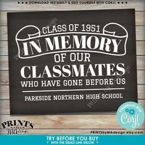May include: Black and white chalkboard sign with the text "Class of 1951 In Memory of Our Classmates Who Have Gone Before Us Parkside Northern High School". The sign has a vintage look and is decorated with a graduation cap.
