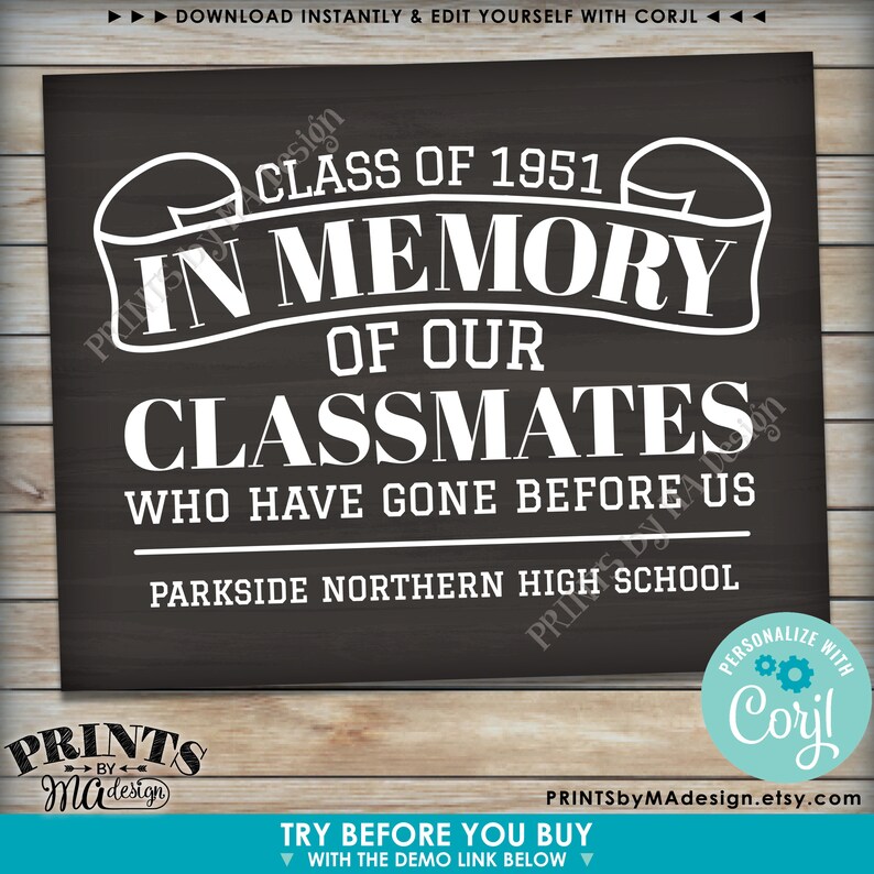 May include: Black and white chalkboard sign with the text "Class of 1951 In Memory of Our Classmates Who Have Gone Before Us Parkside Northern High School". The sign has a vintage look and is decorated with a graduation cap.