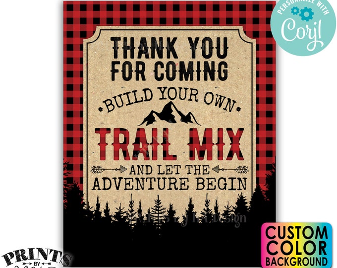 Lumberjack Trail Mix Bar Sign, Thank you for Coming Build Your Own Trail Mix, PRINTABLE Buffalo Plaid Sign <Edit Color Yourself w/Corjl>