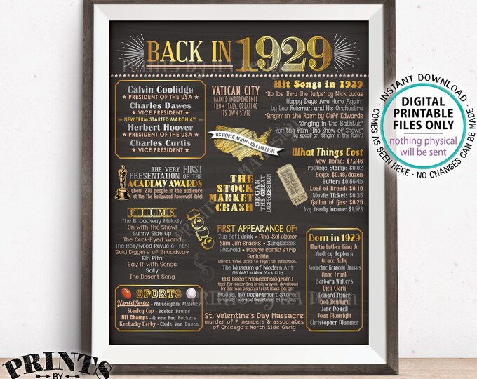 1929 Flashback Poster, Flashback to 1929 USA History Back in 1929 Birthday, Remember 1929 Facts, PRINTABLE 16x20” Sign <ID>