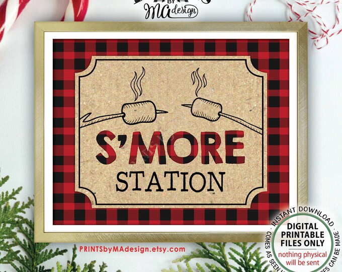 S'more Station Sign, Lumberjack Smore Station, S'mores Bar, Campfire, Red Checker Buffalo Plaid, Christmas, PRINTABLE 11x14” Smore Sign <ID>