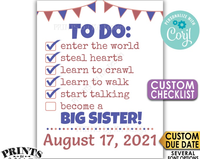 To Do List Pregnancy Announcement, Become a Big Sister, PRINTABLE 8x10/16x20” CUSTOM CHECKLIST Sign <Edit Yourself with Corjl>