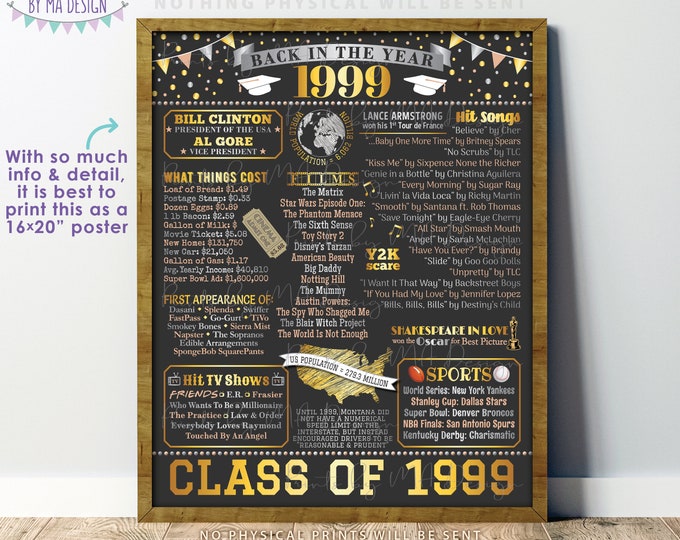 Class of 1999 Reunion Decoration, Back in the Year 1999 Poster Board, Flashback to 1999 High School Reunion, PRINTABLE 16x20” Sign <ID>