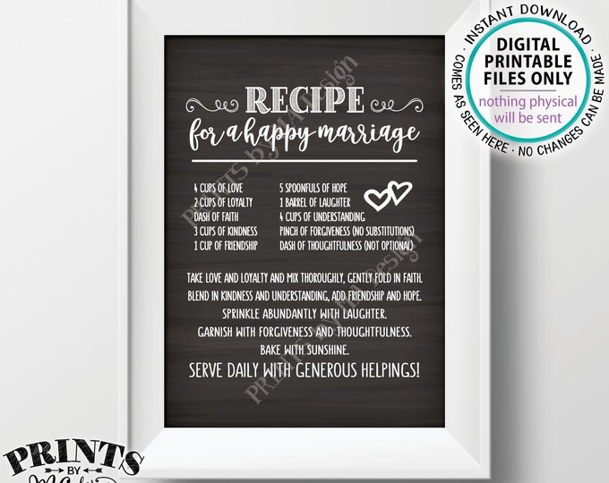 Recipe for a Happy Marriage Sign,  Bridal Shower Gift, Key to a Happy Marriage, Wedding Advice, PRINTABLE Chalkboard Style Sign <ID>