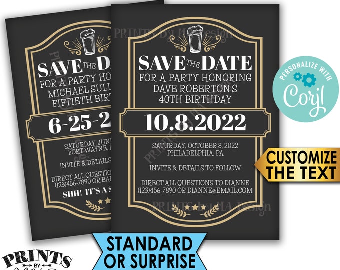 Cheers and Beers Birthday Party Save the Date, Beer Themed Birthday, PRINTABLE 5x7” Save the Date, Gold <Edit Yourself with Corjl>