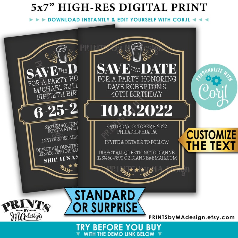 Cheers and Beers Birthday Party Save the Date, Beer Themed Birthday, PRINTABLE 5x7 Save the Date, Gold Edit Yourself with Corjl image 1