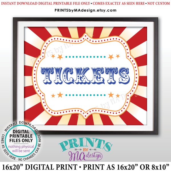 Carnival Tickets Sign, Circus Games, Birthday Party, Circus Activities, Festival Raffle Tickets, PRINTABLE 8x10/16x20” Tickets Sign <ID>