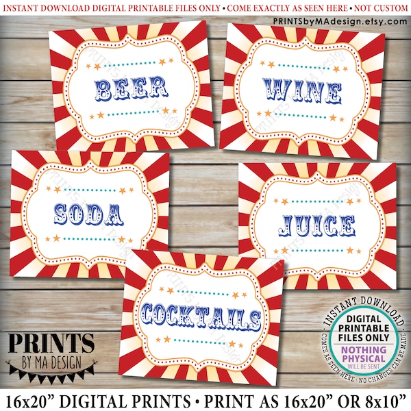 Carnival Drinks Signs, Beer, Wine, Soda, Juice, Cocktails, Alcohol Beverages, PRINTABLE 8x10/16x20” Circus Theme Party Signs <ID>