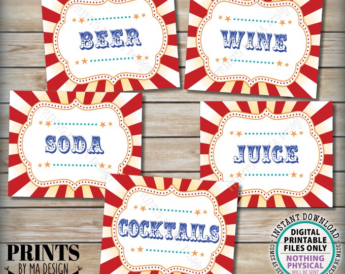Carnival Drinks Signs, Beer, Wine, Soda, Juice, Cocktails, Alcohol Beverages, PRINTABLE 8x10/16x20” Circus Theme Party Signs <ID>