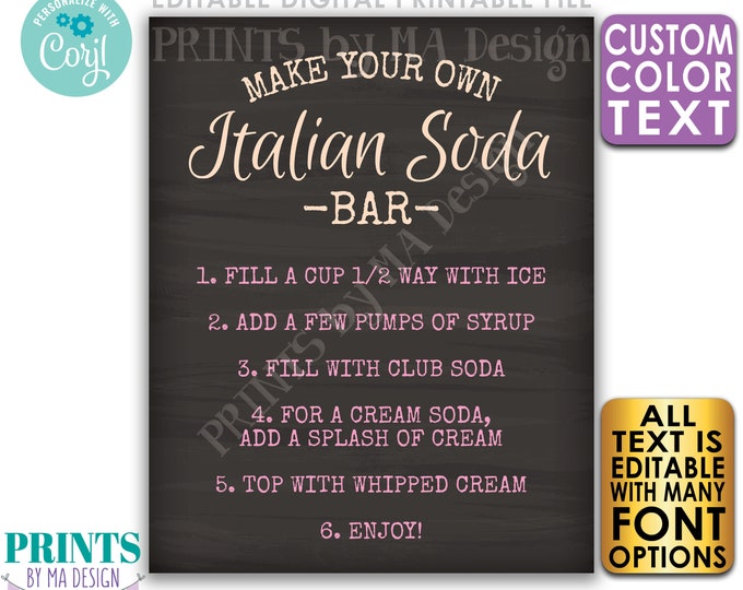 Editable Italian Soda Bar Sign, Cream Soda, Custom PRINTABLE 8x10/16x20” Chalkboard Style Sign, Custom Text & Colors <Edit Yourself w/Corjl>