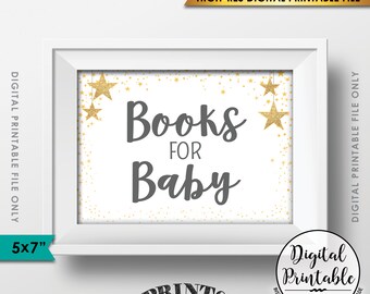 Books for Baby Shower Sign, Books Sign, Gray Text Baby Shower Decor, Gold Glitter Twinkle Stars, Instant Download 5x7” Printable Sign