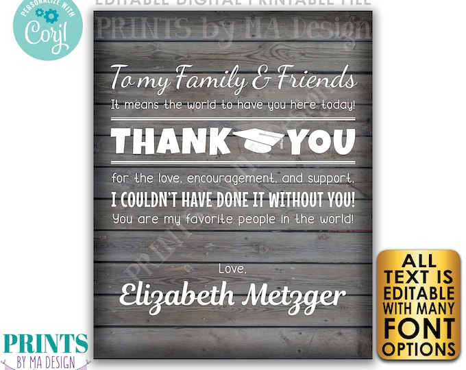 Editable Graduation Thank You Sign, Thanks from the Grad Party Poster, PRINTABLE Rustic Wood Style Decoration <Edit Yourself with Corjl>