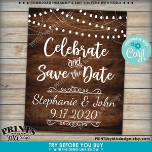 May include: A rustic wood background with a white string of lights, a white script font that says "Celebrate and Save the Date", the names "Stephanie & John", and the date "9.17.2020". The text is overlaid on a brown wood background with a white border.