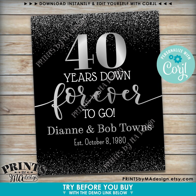 Years Down Forever to Go Anniversary Party Sign, Any Year, Custom PRINTABLE 16x20” Black & Silver Glitter Decor <Edit Yourself with Corjl> image 3