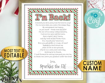 Christmas Elf Welcome Back Letter, I'm Back, Elf has Returned, One Custom Editable PRINTABLE 8.5x11" Digital File <Edit Yourself with Corjl>