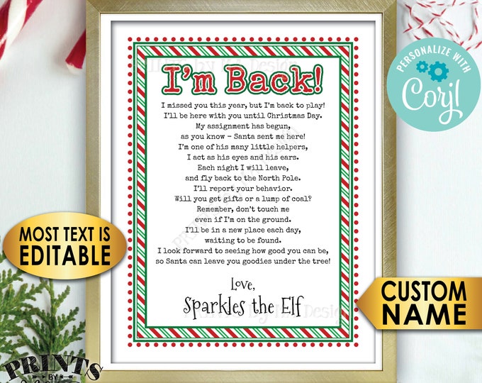 Christmas Elf Welcome Back Letter, I'm Back, Elf has Returned, One Custom Editable PRINTABLE 8.5x11" Digital File <Edit Yourself with Corjl>