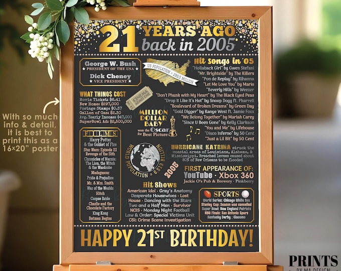 21st Birthday Poster Board, Back in the Year 2005 Flashback 21 Years Ago B-day Gift, PRINTABLE 16x20” Born in 2005 Sign <ID>