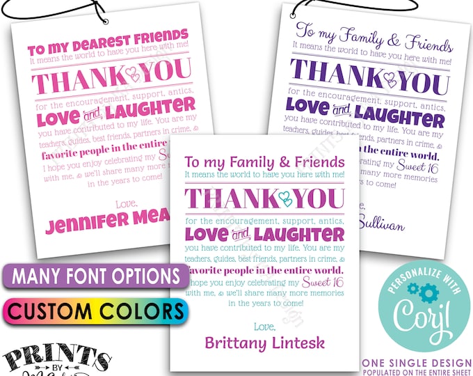 Editable Sweet Sixteen Birthday Thank You Tags, Sweet 16 Party Favors, PRINTABLE 8.5x11" Sheet of 4x5" Cards <Edit Yourself with Corjl>