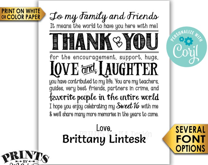 Sweet 16 Thank You Sign, Sweet Sixteen Thank You Poster, PRINTABLE 8x10/16x20” 16th Bday Sign <Edit Yourself with Corjl>
