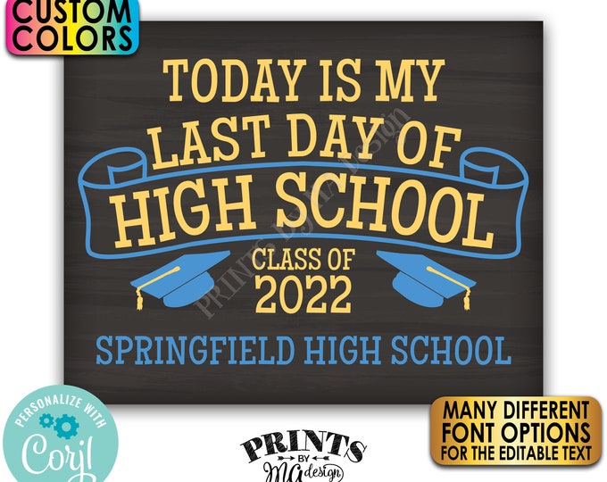 Last Day of High School Sign, Editable Graduation Photo Prop, Custom PRINTABLE 8x10/16x20” Chalkboard Style Sign <Edit Yourself w/Corjl>