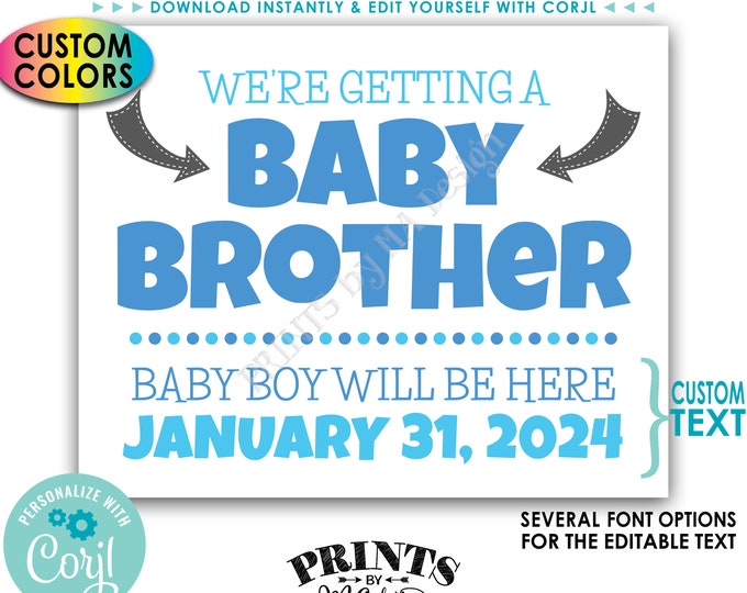 We're Getting a Baby Brother Pregnancy Announcement, It's a Boy, Custom PRINTABLE Gender Reveal Sign <Edit Yourself with Corjl>