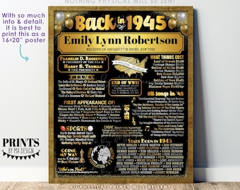 Back in the Year 1945 Birthday Sign, Flashback to 1945 Poster Board, Golden Birthday Gift, Custom PRINTABLE 16x20” B-day Decoration
