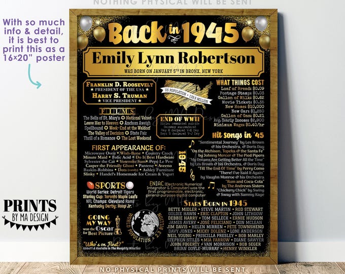 Back in the Year 1945 Birthday Sign, Flashback to 1945 Poster Board, Golden Birthday Gift, Custom PRINTABLE 16x20” B-day Decoration