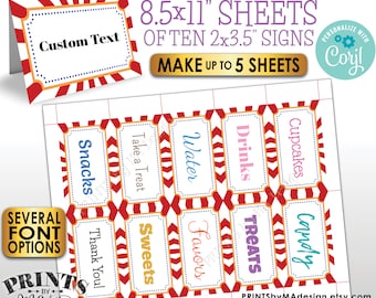 Carnival Place Cards, Circus Birthday Party Buffet Food Tags, Up to 5 PRINTABLE 8.5x11" Sheets of 2x3.5" Labels <Edit Yourself w/Corjl>