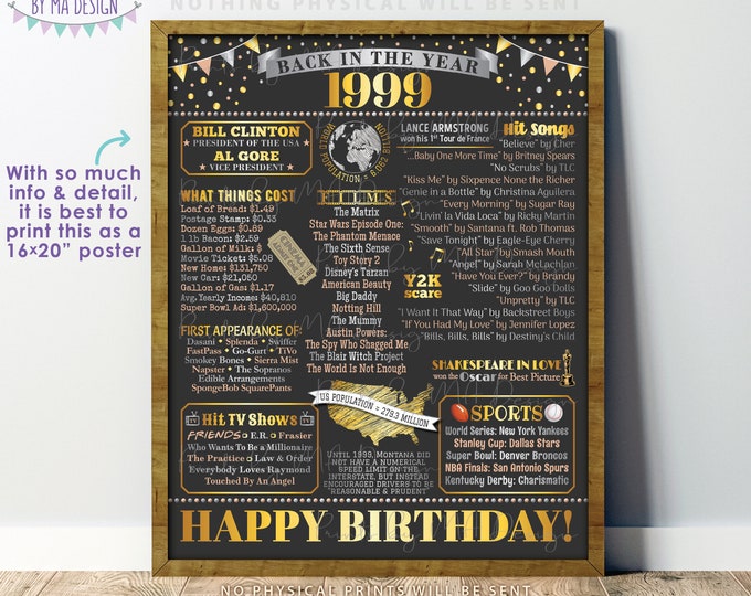 Back in the Year 1999 Birthday Sign, Flashback to 1999 Poster Board, ‘99 B-day Gift, Bday Decoration, PRINTABLE 16x20” Sign <ID>