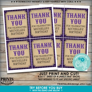 May include: Printable thank you tags with a purple and black checkered background. The text reads "Thank You for celebrating Michelle's Birthday".