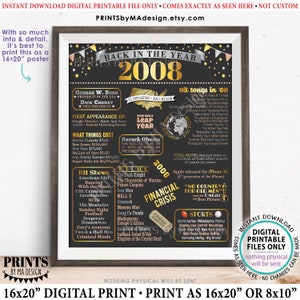 Puede incluir: Un póster imprimible negro y dorado con el texto "Back in the Year 2008" y una línea de tiempo de eventos del año 2008. El póster incluye información sobre el presidente de los Estados Unidos, canciones exitosas, películas, programas de televisión y deportes. El póster está diseñado para imprimirse como un póster de 40,64 x 50,8 cm.