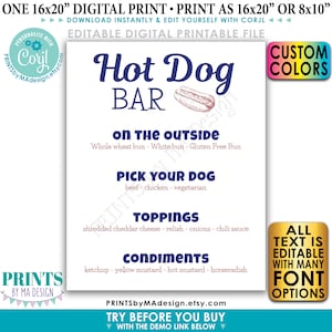 Editable Hot Dog Sign, Custom Hot Dog Bar Menu, Build Yourself a Frankfurter, PRINTABLE 8x10/16x20” Sign &lt;Edit Yourself w/Corjl&gt;