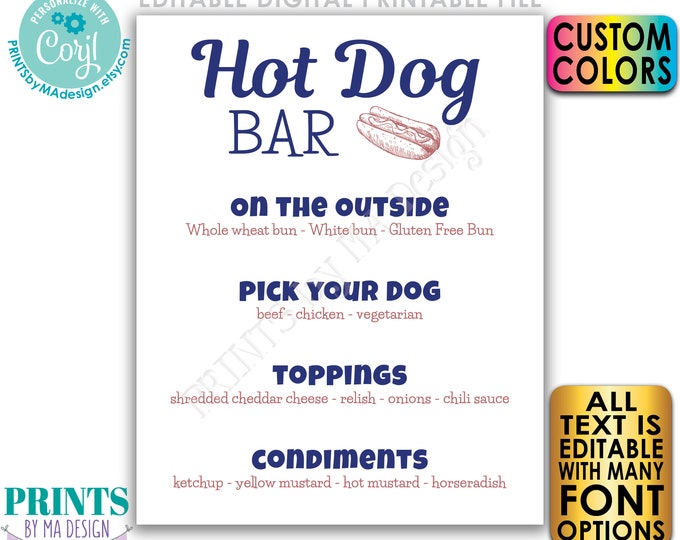 Editable Hot Dog Sign, Custom Hot Dog Bar Menu, Build Yourself a Frankfurter, PRINTABLE 8x10/16x20” Sign <Edit Yourself w/Corjl>