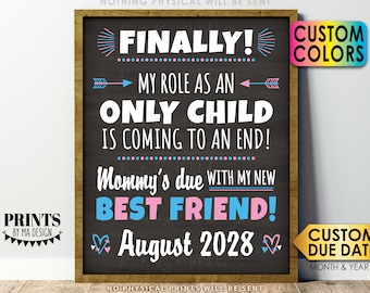 Baby #2 Pregnancy Announcement Finally My Role as an Only Child is Coming to an End Pregnancy Reveal, Chalkboard Style PRINTABLE 8x10/16x20”