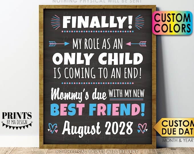 Baby #2 Pregnancy Announcement Finally My Role as an Only Child is Coming to an End Pregnancy Reveal, Chalkboard Style PRINTABLE 8x10/16x20”