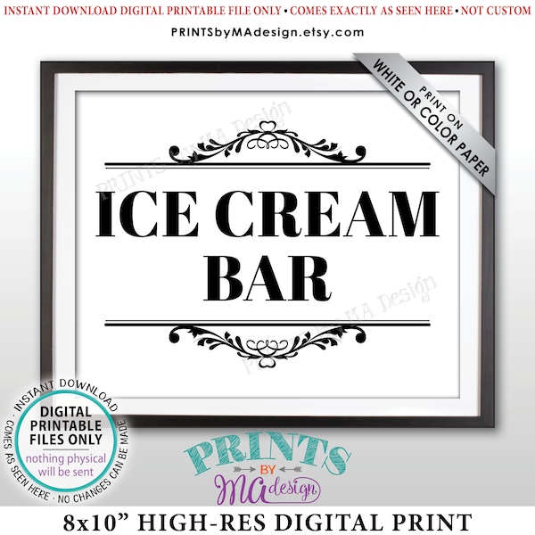 Ice Cream Bar Sign, Make Your Own Ice Cream Sundae Bar, Frozen Treats, Birthday Party, PRINTABLE 8x10” Black & White Ice Cream Sign <ID>