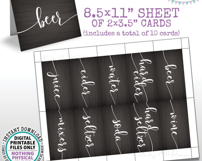 Beverage Station Labels, Mini Menu Bar Signs, Beer Wine Cider, PRINTABLE 8.5x11” Sheet of Ten 2"x3.5" Chalkboard Style Drink Labels <ID>