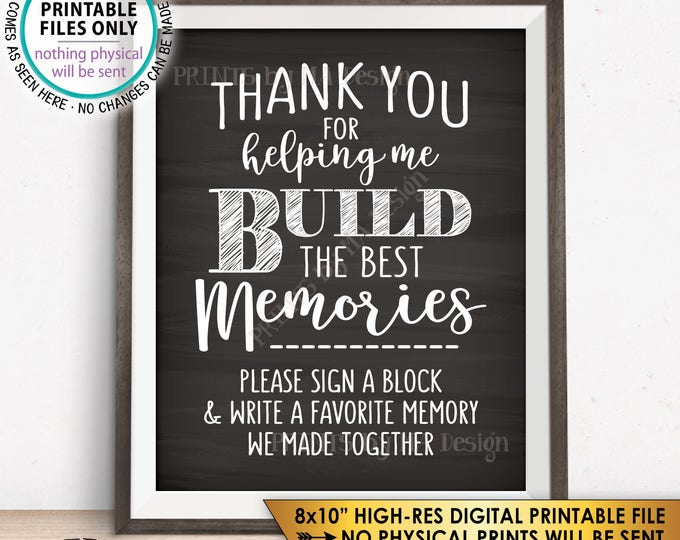 Sign a Block Sign, Thank You for Helping Me Build Memories, Retirement, Graduation, Bon Voyage, Chalkboard Style PRINTABLE 8x10” Sign <ID>