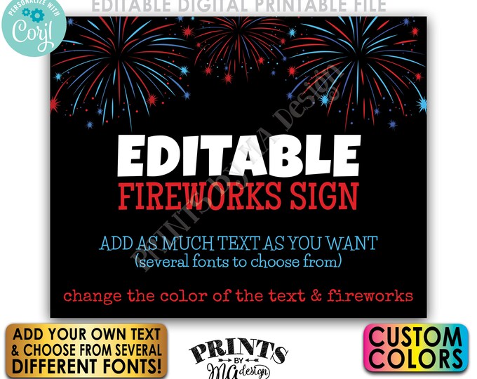 Editable Fireworks Sign, 4th of July Memorial or Labor Day, 1 PRINTABLE 8x10/16x20” Landscape Sign, Choose Your Text <Edit Yourself w/Corjl>